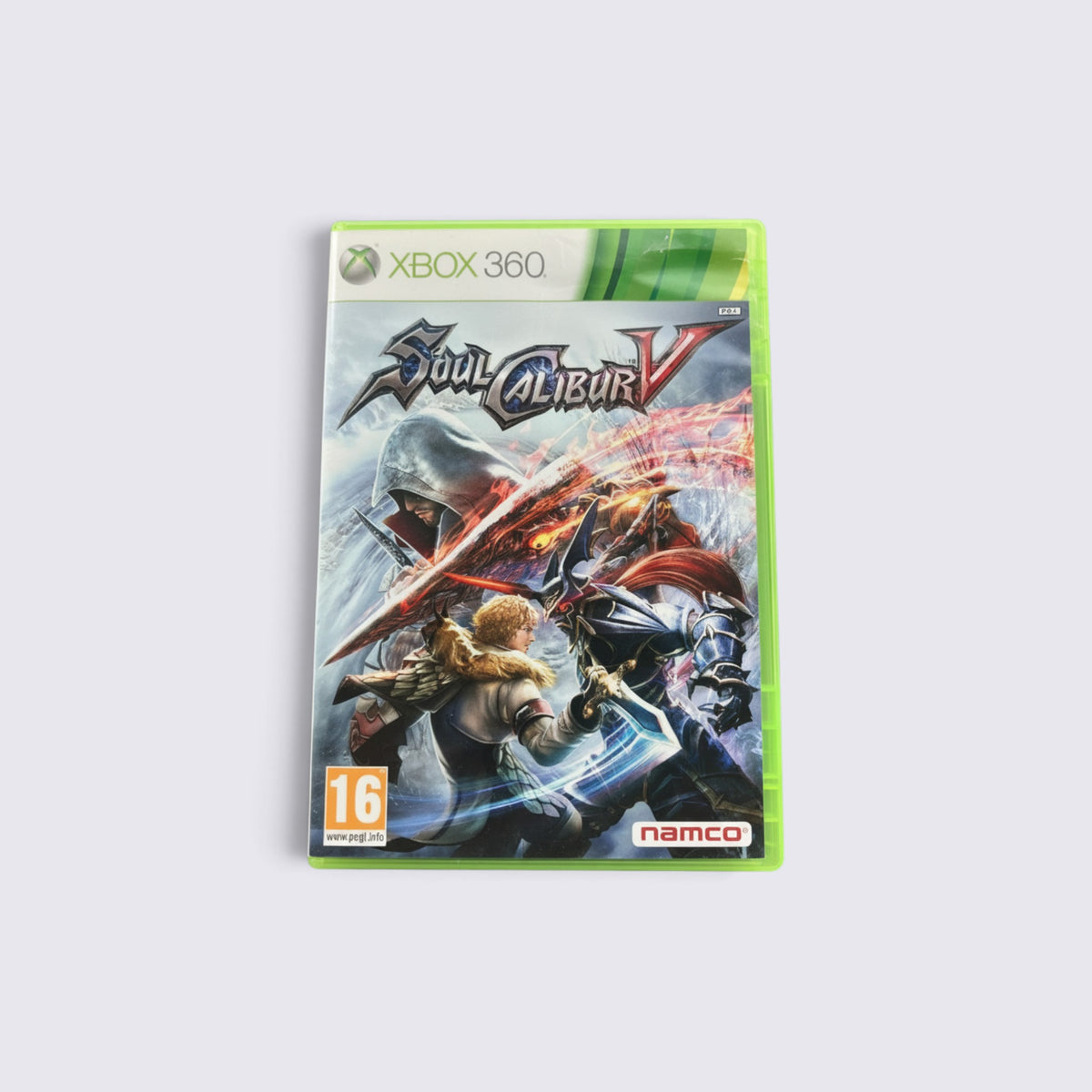 MrPixel SoulCalibur V Xbox 360 game case featuring dynamic character artwork and a 16 age rating label.