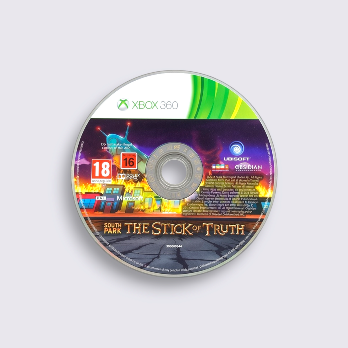MrPixel South Park The Stick of Truth Xbox 360 game disc with fantasy adventure artwork and age rating labels