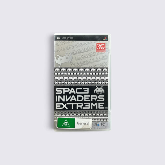 MrPixel Space Invaders Extreme PSP game case with black and white pixel art alien graphics on a white background