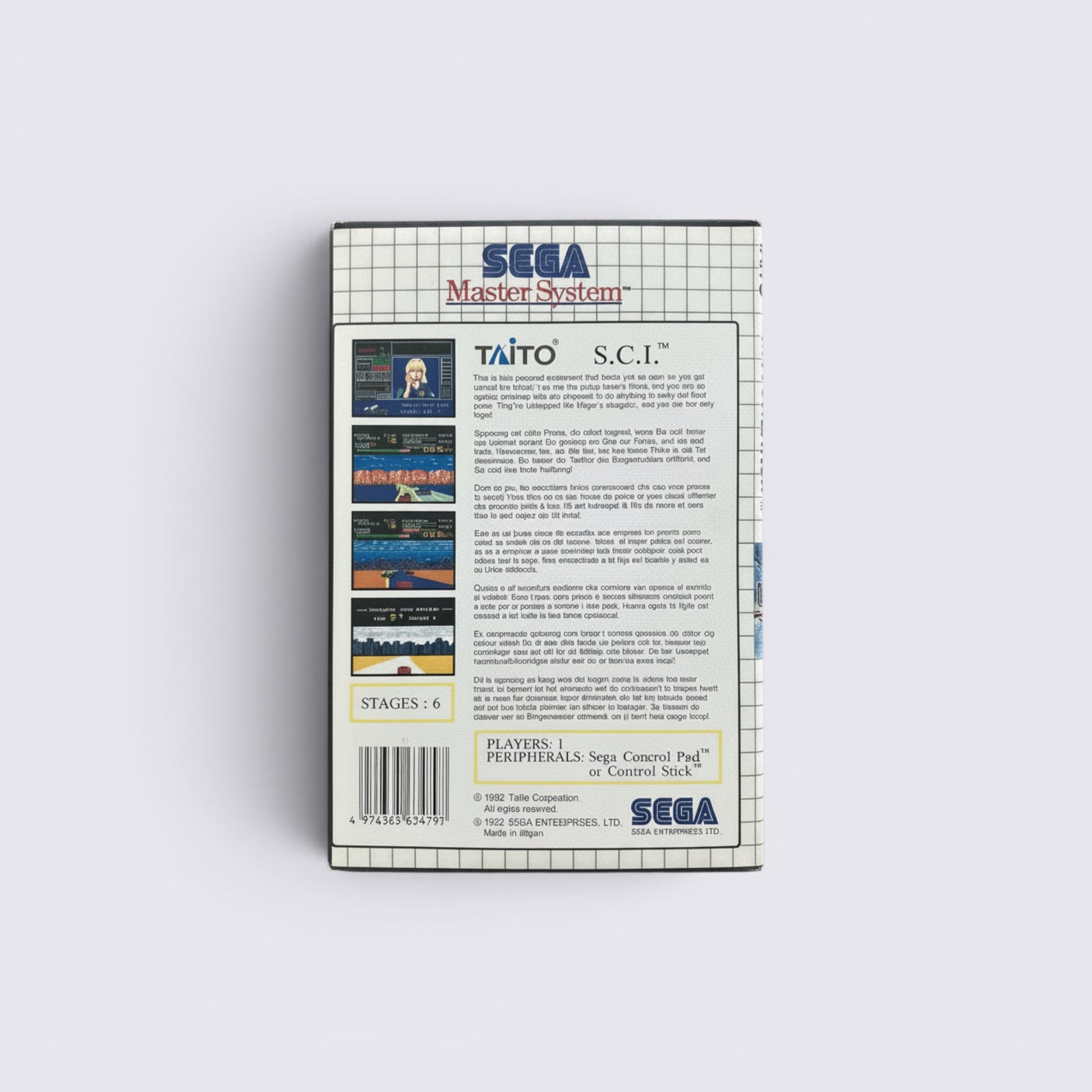 MrPixel Special Criminal Investigation Sega Master System game box back cover with screenshots and game information