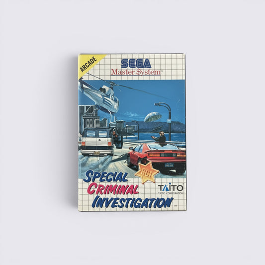 MrPixel Special Criminal Investigation Sega Master System game box art featuring a police car chase and helicopter.