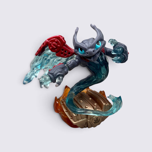 MrPixel Spitfire Skylanders SuperChargers figure with grey dragon-like creature, translucent blue flames, and base.