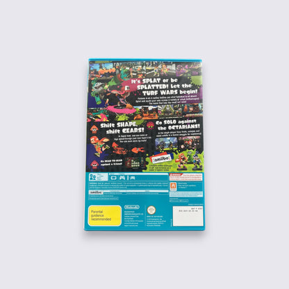 Back cover of MrPixel Splatoon Wii U game case featuring vibrant ink-based gameplay, Inklings, and game features.