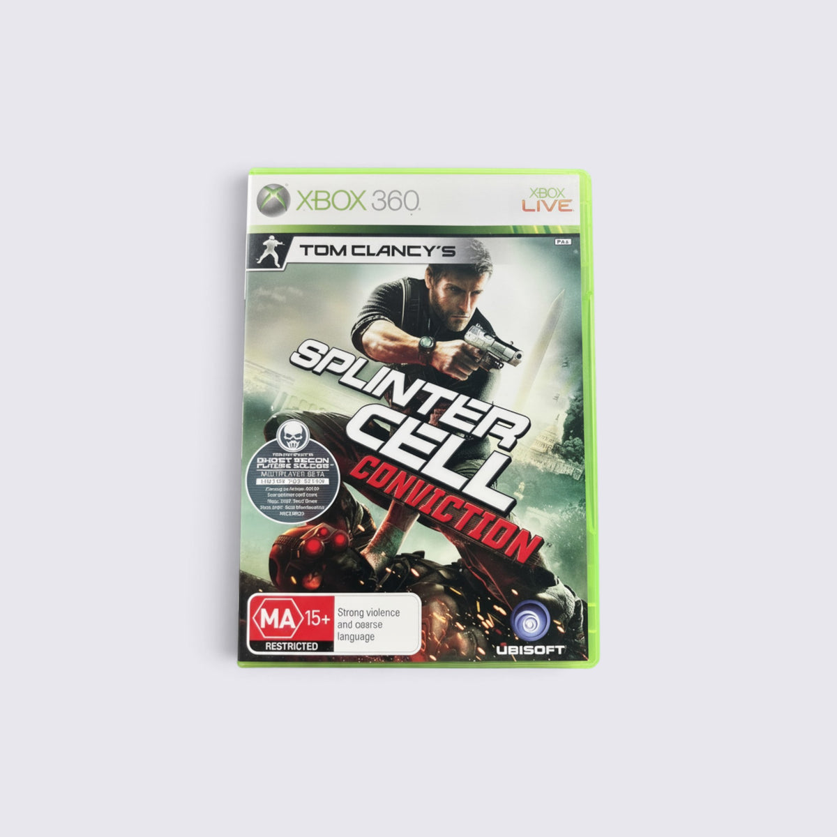 MrPixel Tom Clancy's Splinter Cell: Conviction Xbox 360 game case featuring Sam Fisher with a pistol