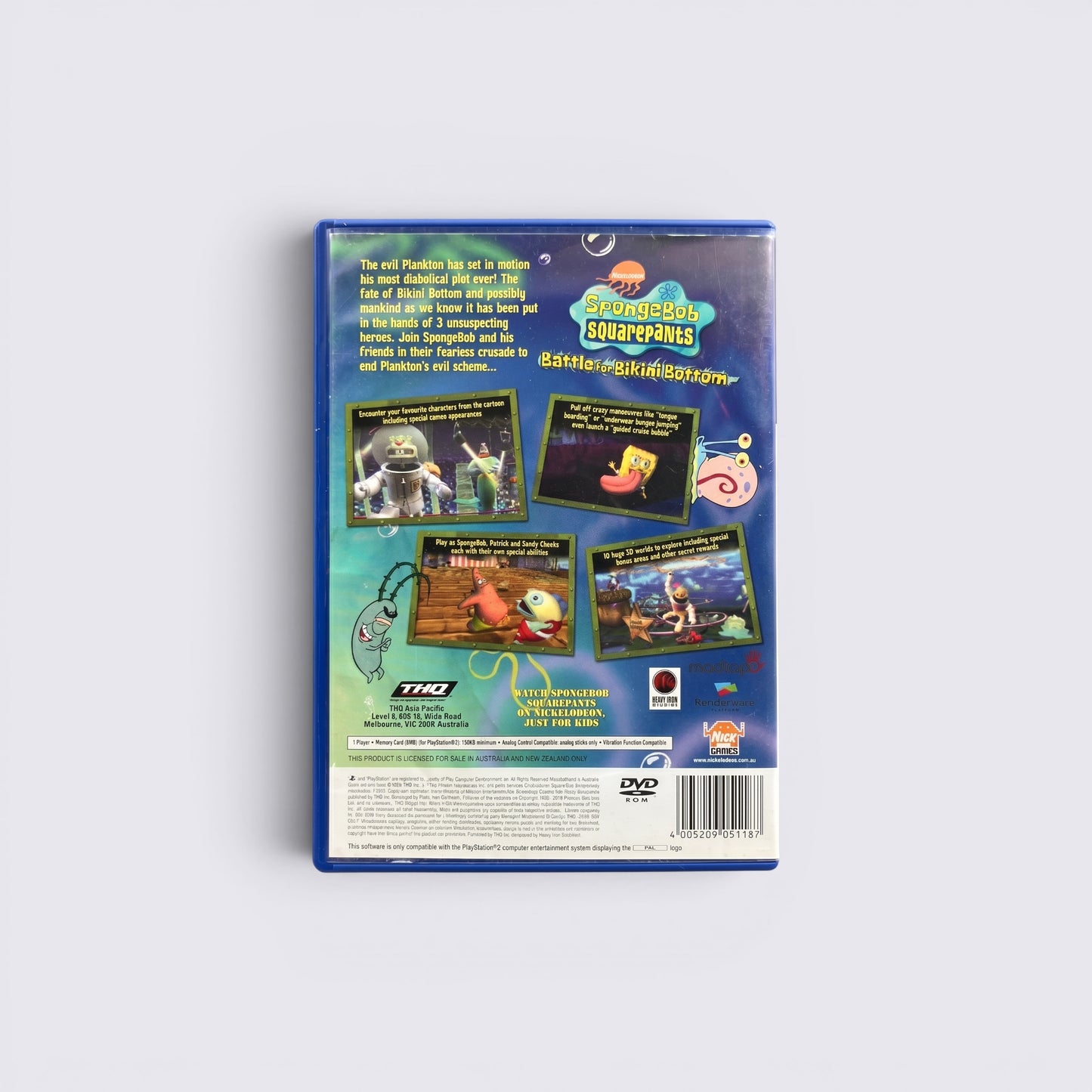 MrPixel SpongeBob SquarePants Battle for Bikini Bottom PS2 game back cover with character screenshots and game details