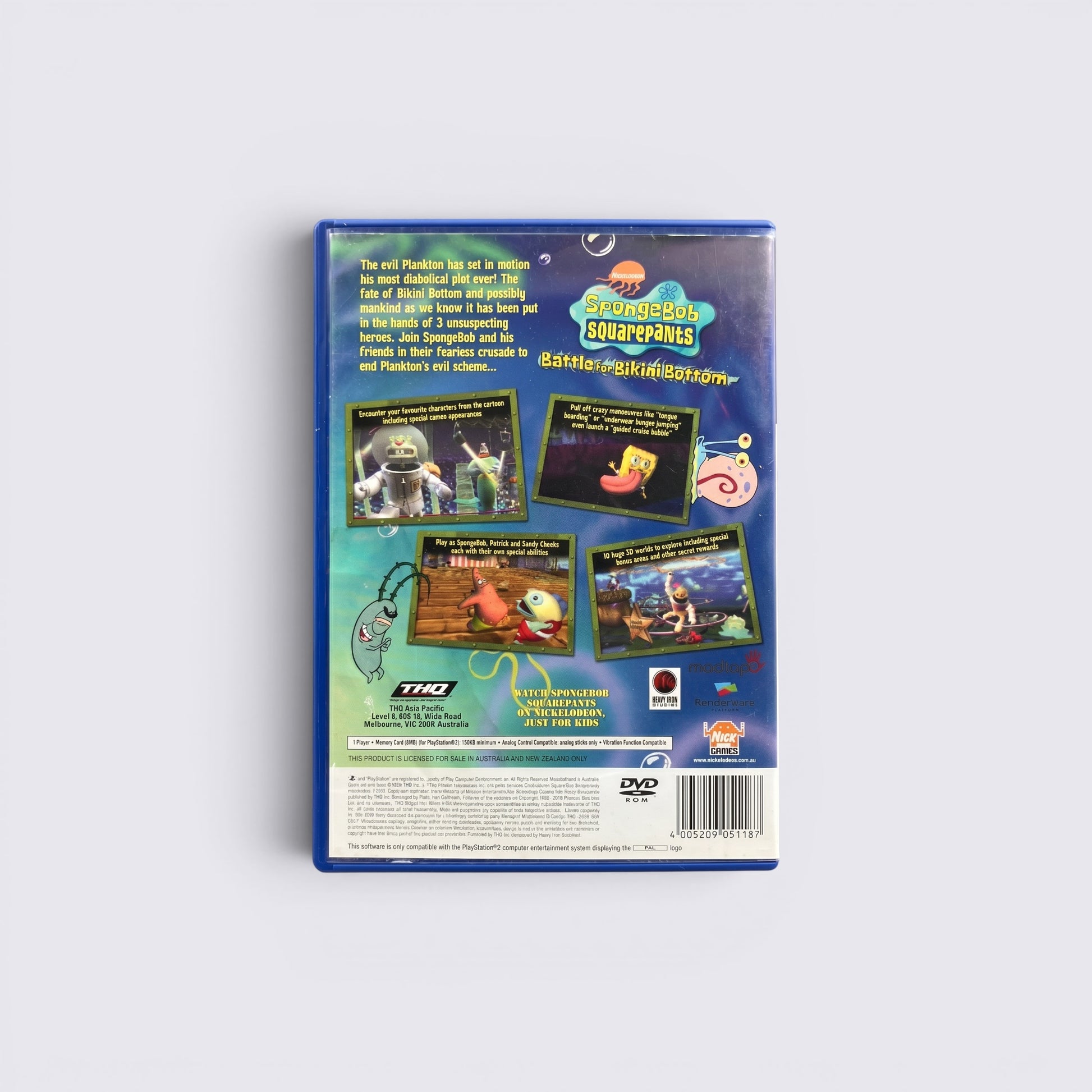 MrPixel SpongeBob SquarePants Battle for Bikini Bottom PS2 game back cover with character screenshots and game details