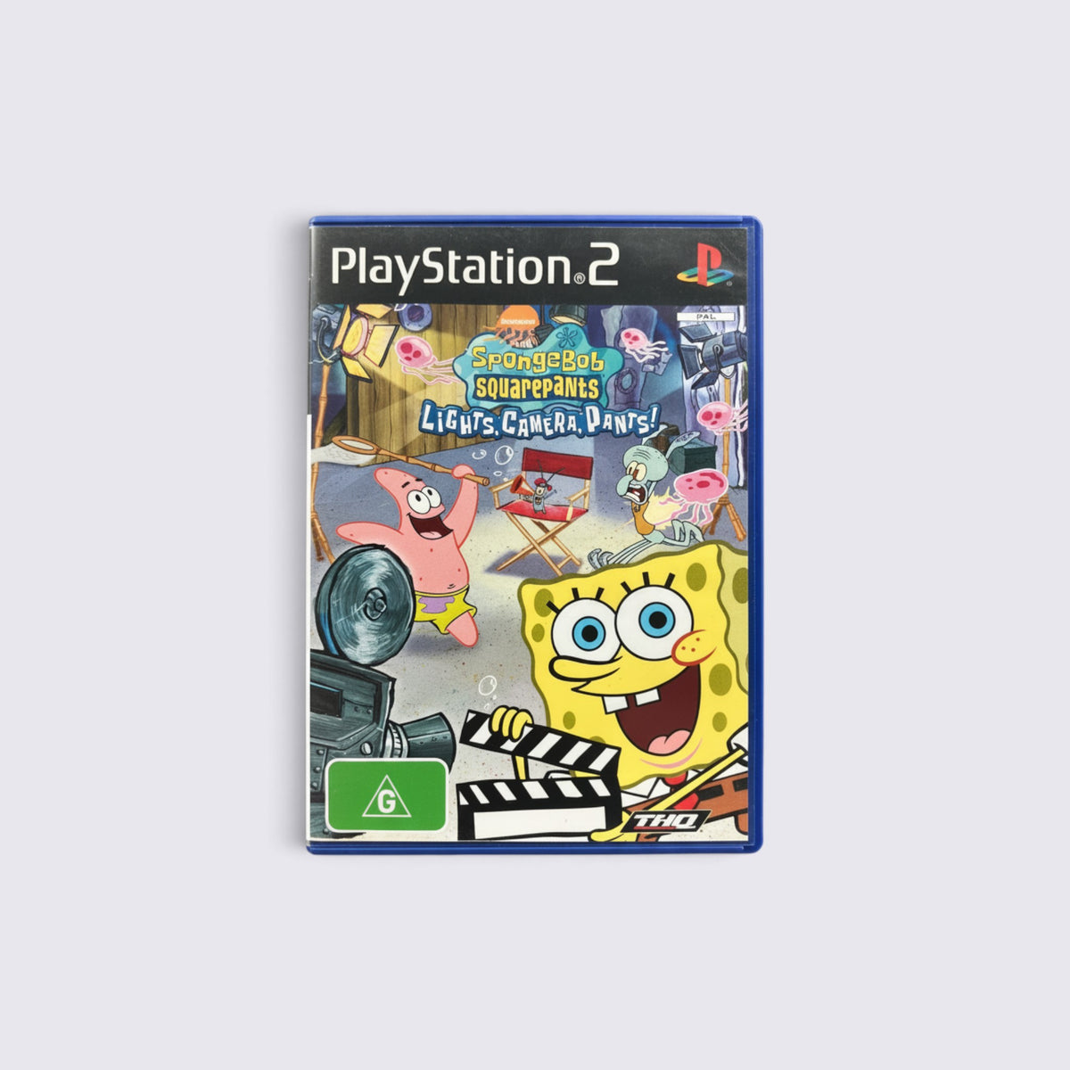 MrPixel SpongeBob SquarePants Lights Camera Pants PS2 game case featuring SpongeBob and Patrick on a movie set