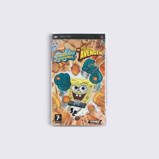 MrPixel SpongeBob SquarePants The Yellow Avenger PSP game case featuring SpongeBob as a superhero in comic book style
