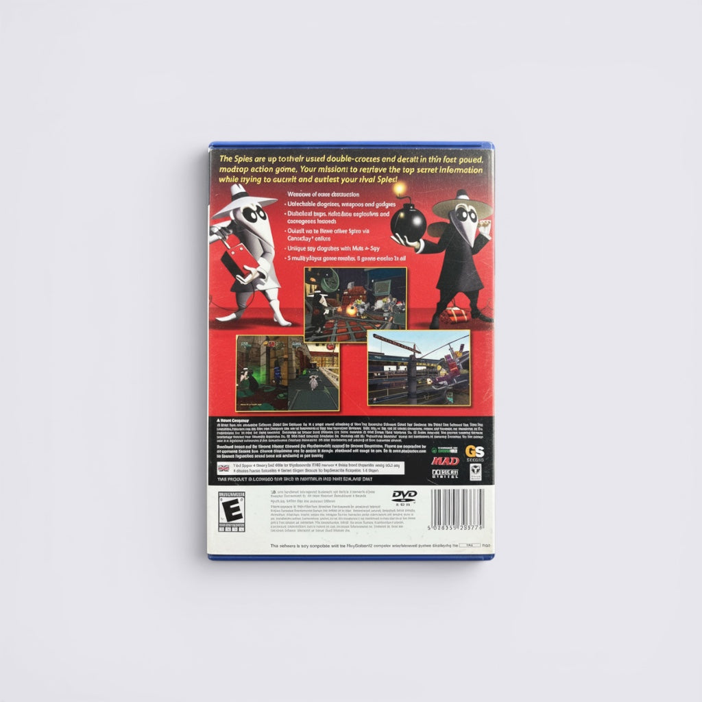 MrPixel Spy vs Spy PlayStation 2 game case back cover featuring cartoon spies, gameplay screenshots, and game details.