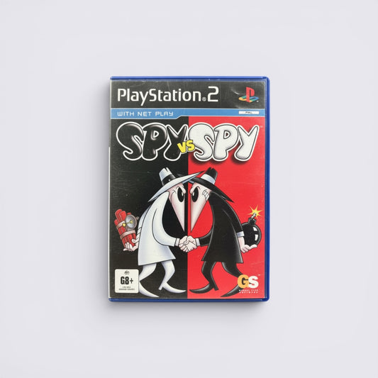 MrPixel Spy vs Spy PlayStation 2 game case featuring the iconic black and white spies on a red and black background.