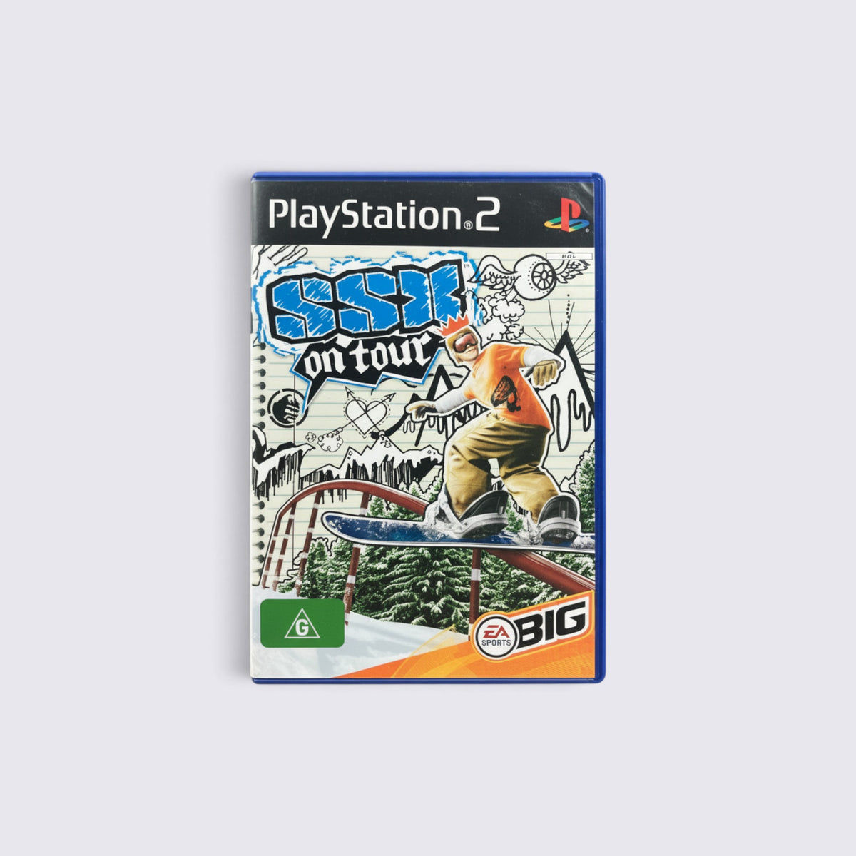 MrPixel SSX On Tour PlayStation 2 game case featuring comic-style snowboarding artwork on a light background