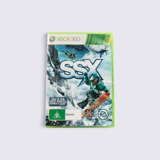 MrPixel SSX snowboarding video game for Xbox 360 featuring a snowboarder on a snowy mountain peak.