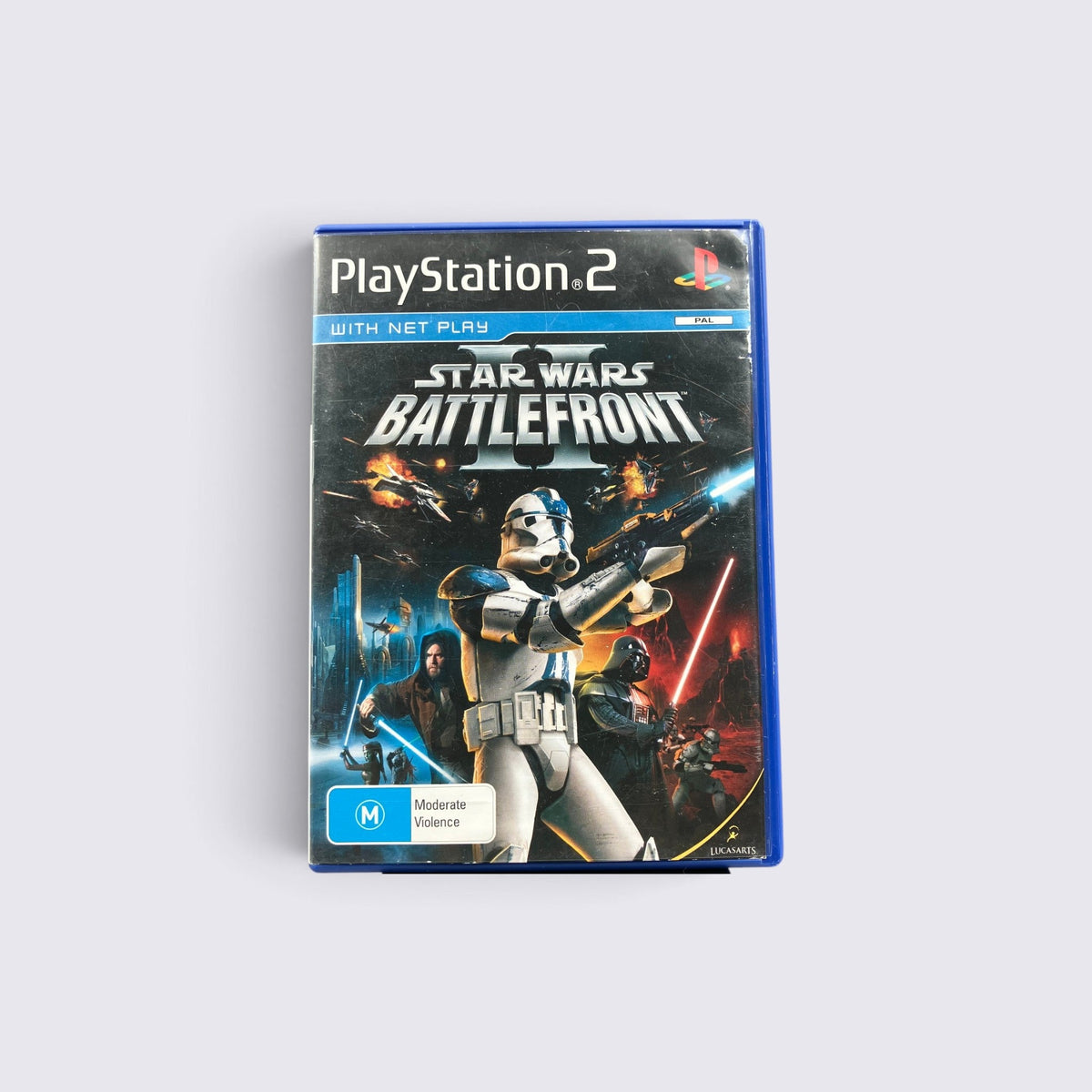 MrPixel Star Wars Battlefront II PlayStation 2 game case featuring Clone Trooper, Darth Vader, and Jedi characters.