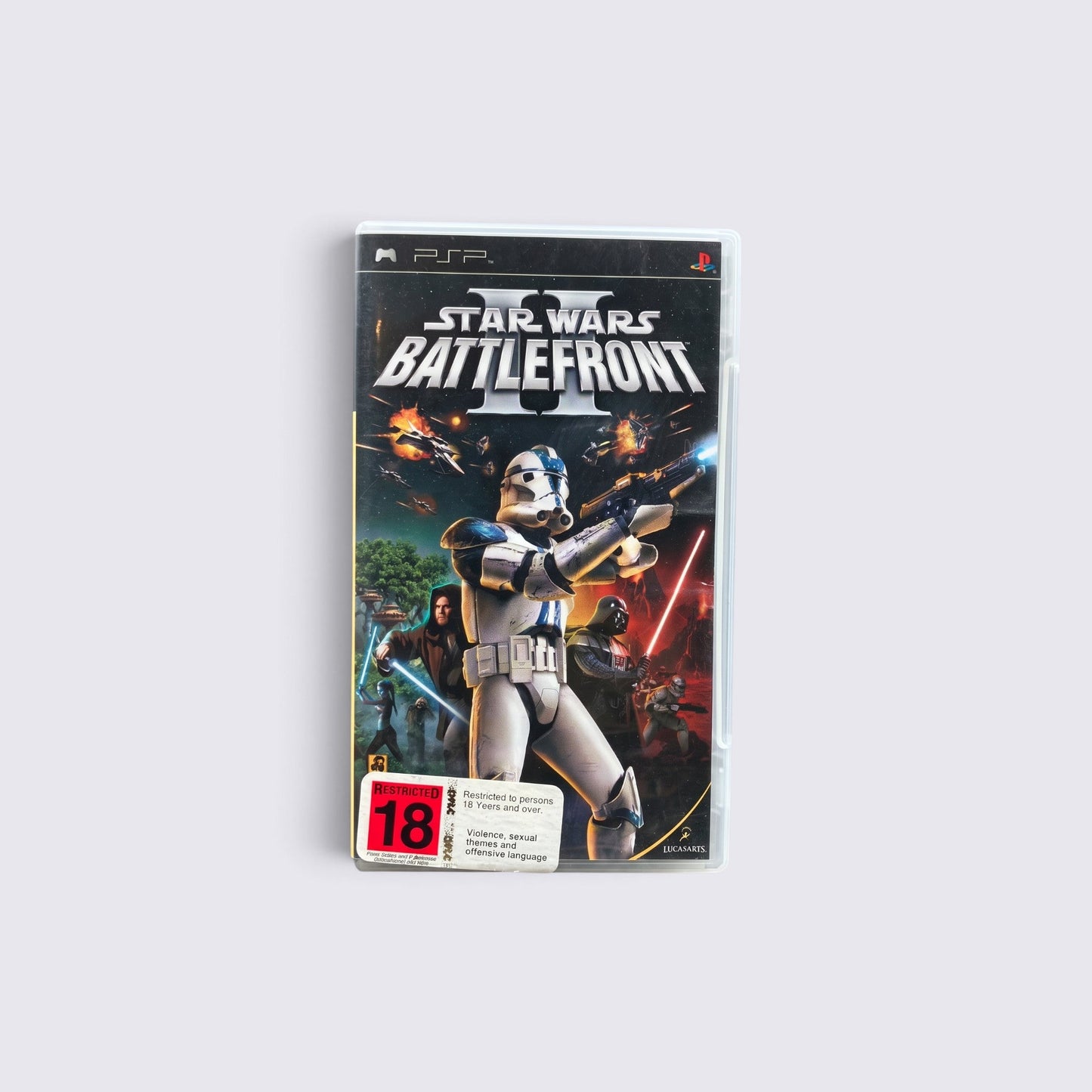 MrPixel Star Wars Battlefront II game case for PSP featuring Clone Trooper artwork and 18 rating label