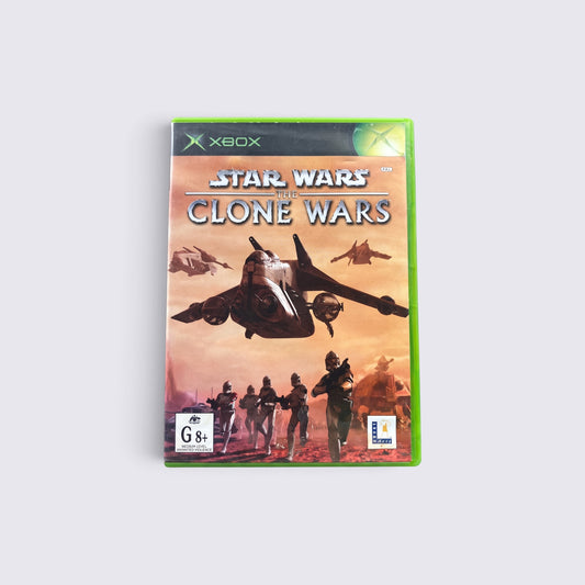 MrPixel Star Wars: The Clone Wars Xbox video game case featuring clone troopers and gunships on a desert planet.