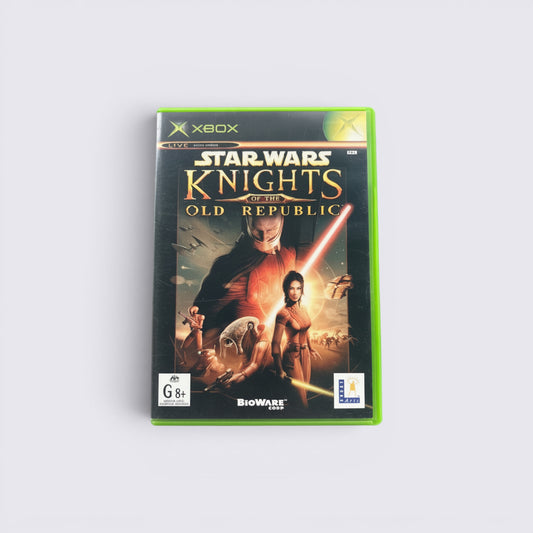 MrPixel Star Wars Knights of the Old Republic Xbox game case featuring Jedi and Sith characters with lightsabers
