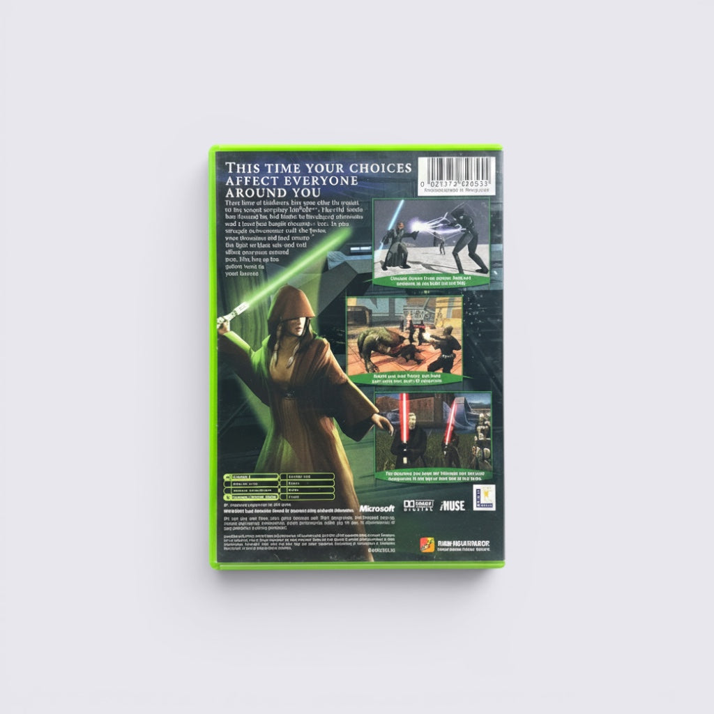 MrPixel Star Wars Knights of the Old Republic 2 Xbox game case back cover showing gameplay screenshots and plot text