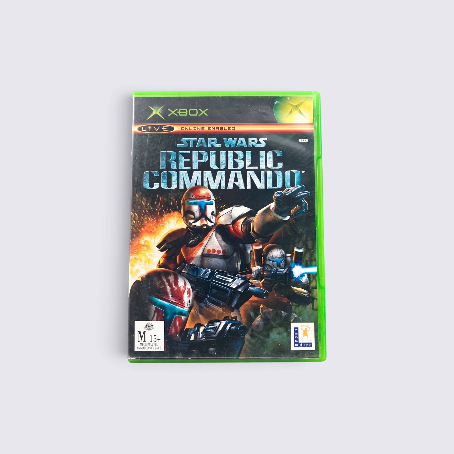 MrPixel Star Wars Republic Commando Xbox game case featuring clone commando squad art and M 15+ rating label