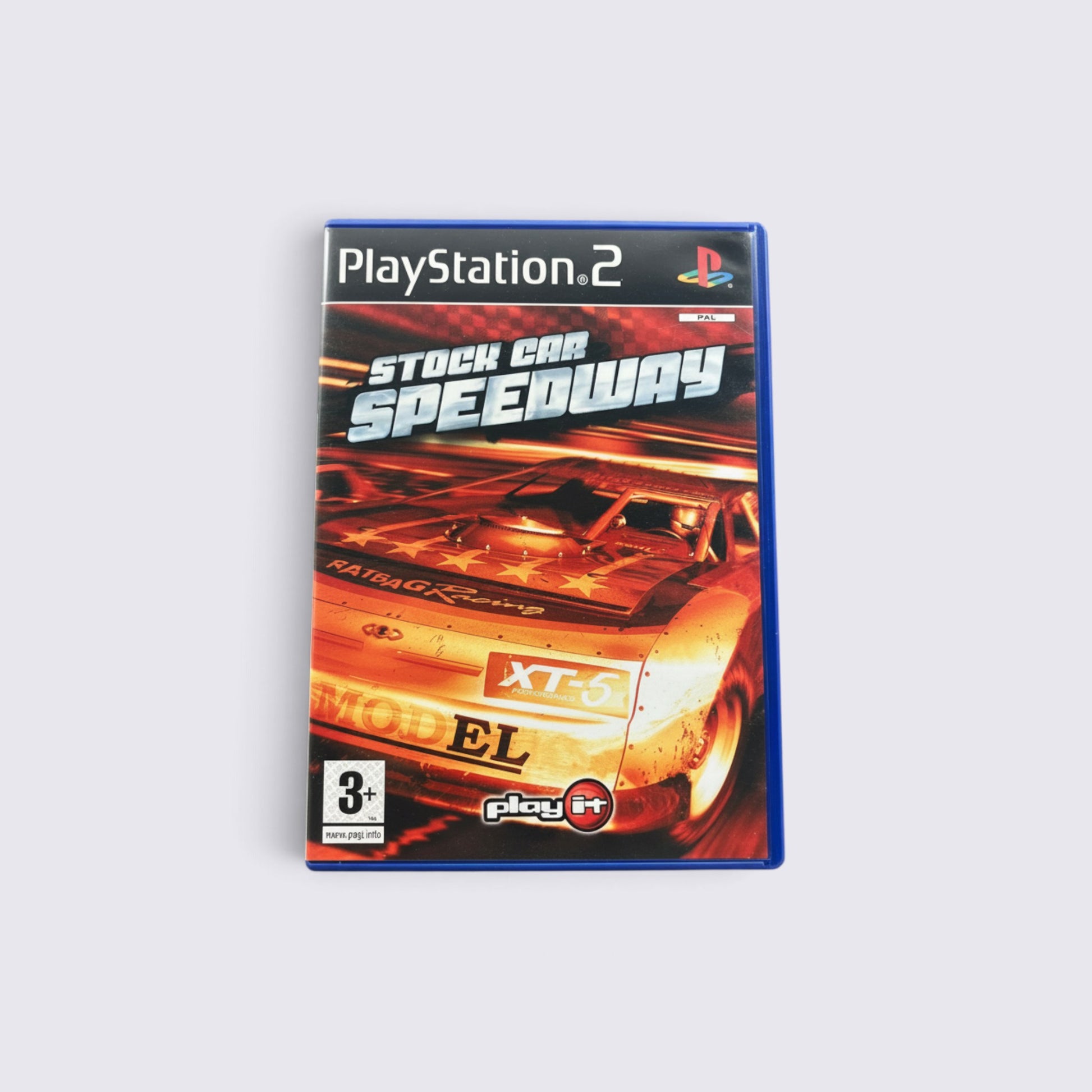 MrPixel Stock Car Speedway PlayStation 2 game case featuring a vibrant orange stock car on the cover art.