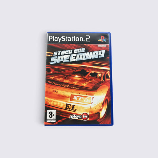 MrPixel Stock Car Speedway PlayStation 2 game case featuring a vibrant orange stock car on the cover art.