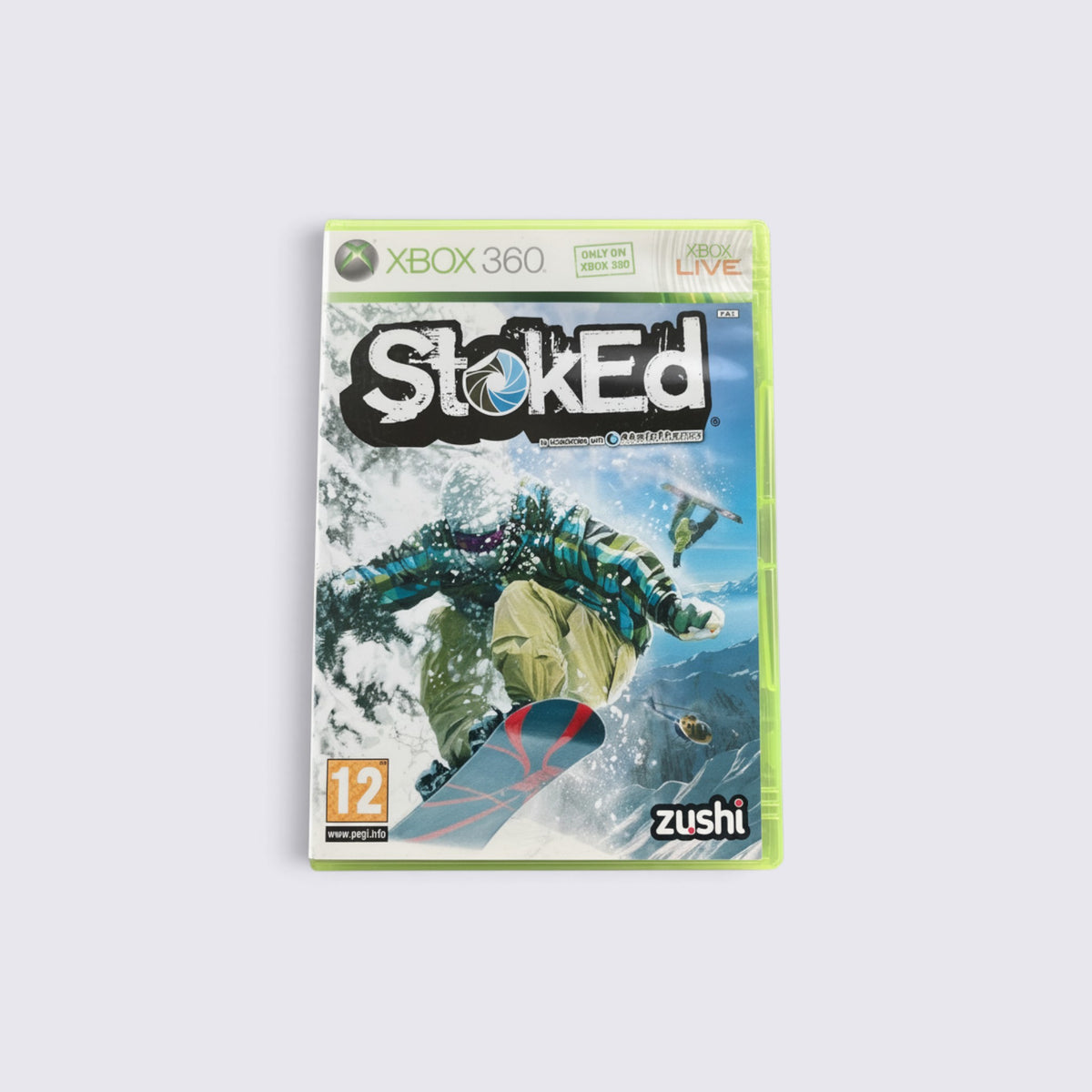 MrPixel Stoked snowboarding video game for Xbox 360 featuring a snowboarder carving through snowy mountain terrain.