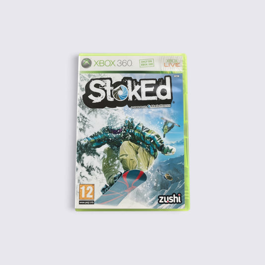 MrPixel Stoked snowboarding video game for Xbox 360 featuring a snowboarder carving through snowy mountain terrain.