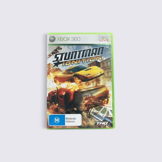 MrPixel Stuntman: Ignition Xbox 360 game case featuring a yellow sports car jumping over an exploding tanker truck.