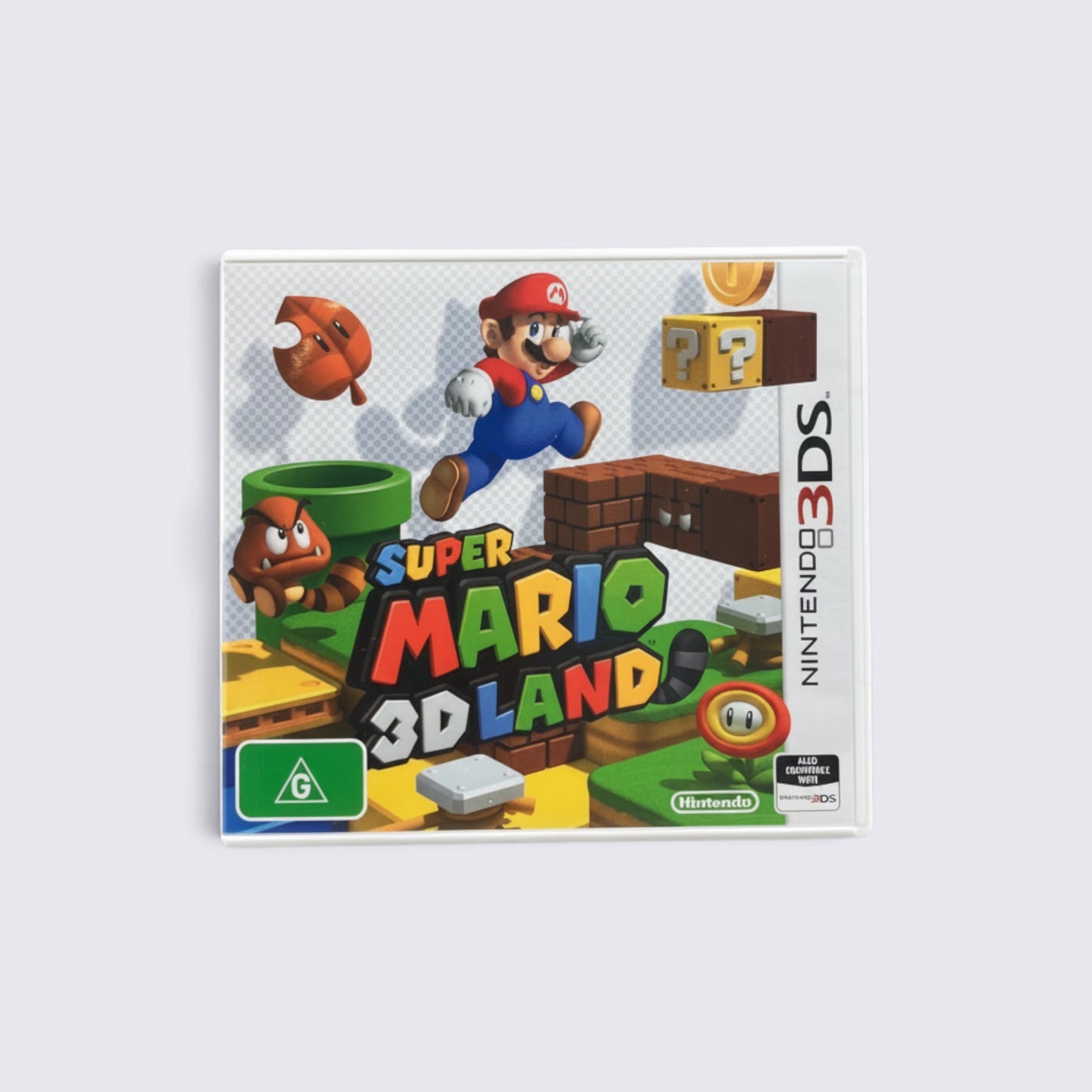 MrPixel Super Mario 3D Land Nintendo 3DS game case featuring Mario in his Tanooki suit and classic enemies
