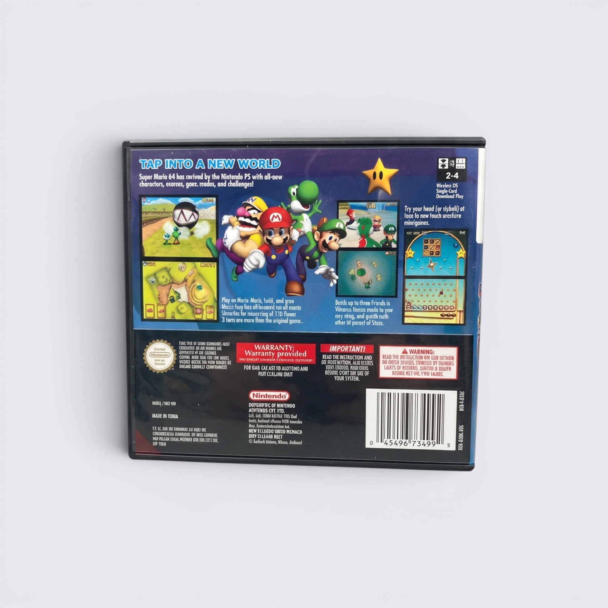 MrPixel Super Mario 64 DS game case back cover showing gameplay screenshots, character art, and product information.
