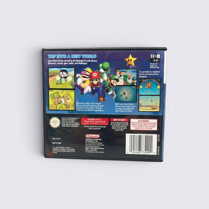 MrPixel Super Mario 64 DS game case back cover showing gameplay screenshots, character art, and product information.