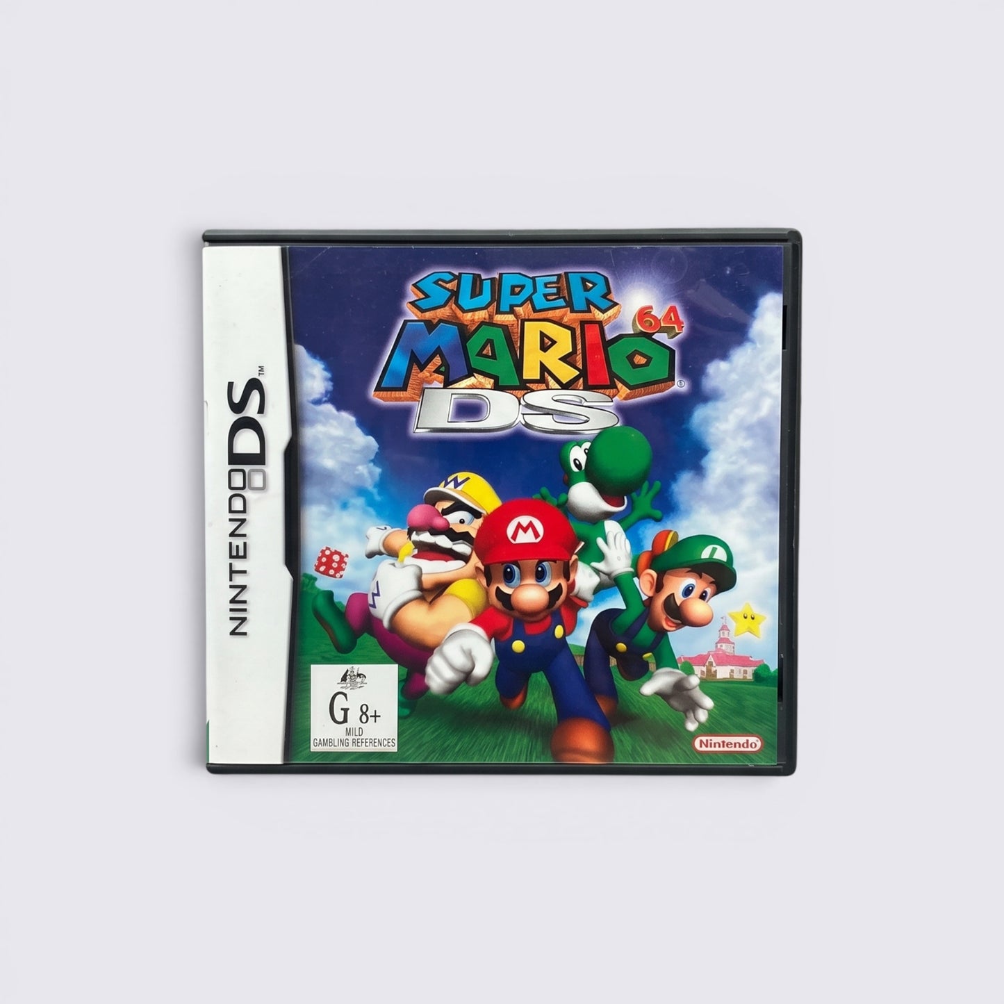 MrPixel Super Mario 64 DS game case featuring Mario, Luigi, Yoshi, and Wario on a grassy field background.
