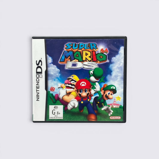 MrPixel Super Mario 64 DS game case featuring Mario, Luigi, Yoshi, and Wario on a grassy field background.