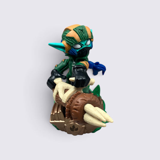 MrPixel Super Shot Stealth Elf Skylander figure with green armor and enchanted crossbow on a Life-element base