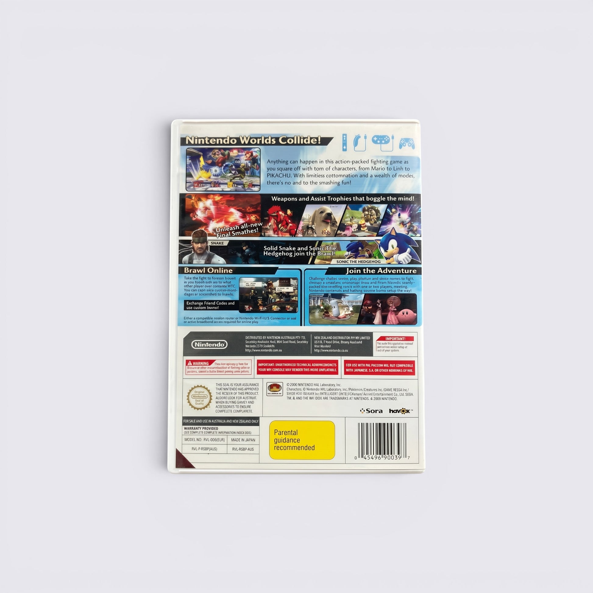 MrPixel Super Smash Bros. Brawl Wii game case back cover showing gameplay screenshots and character roster