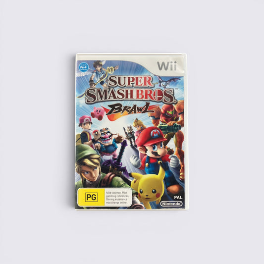 MrPixel Super Smash Bros. Brawl Wii game case featuring Mario, Link, Pikachu, and other Nintendo characters.