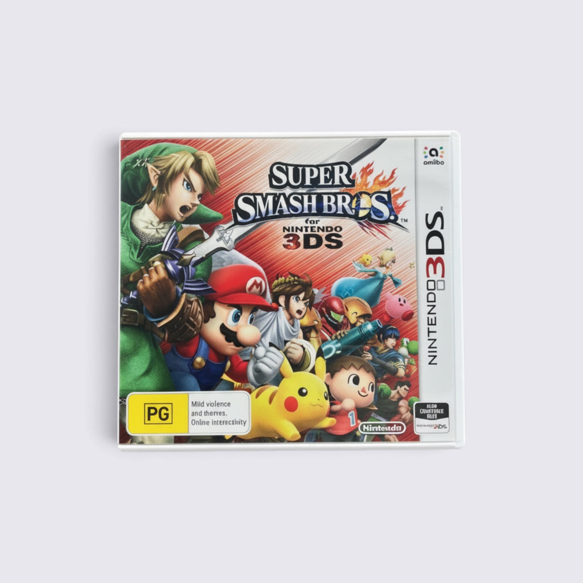 MrPixel Super Smash Bros. for Nintendo 3DS game case featuring iconic characters like Link, Mario, and Pikachu.