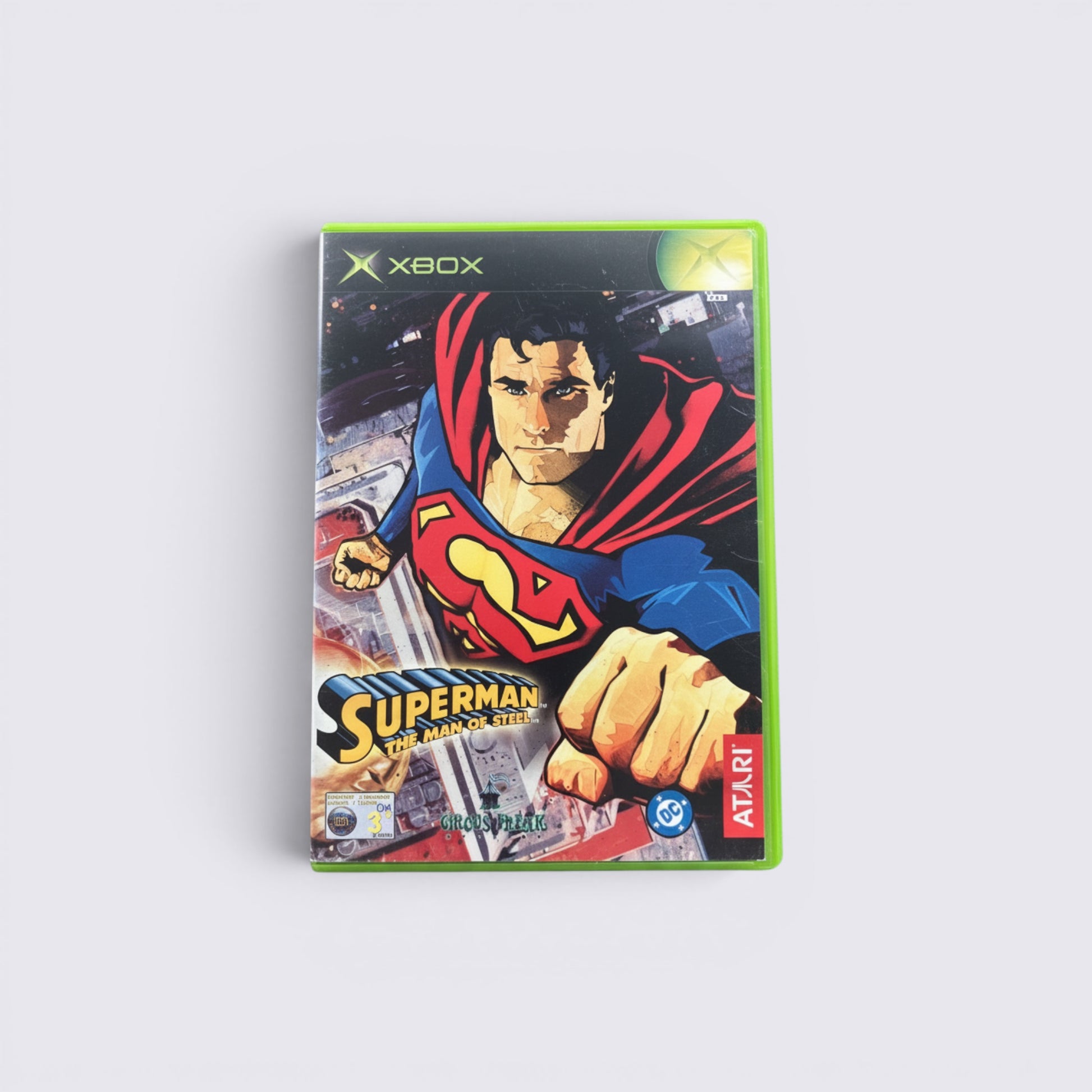 MrPixel Superman: The Man of Steel Xbox video game case featuring comic book style artwork of Superman flying.