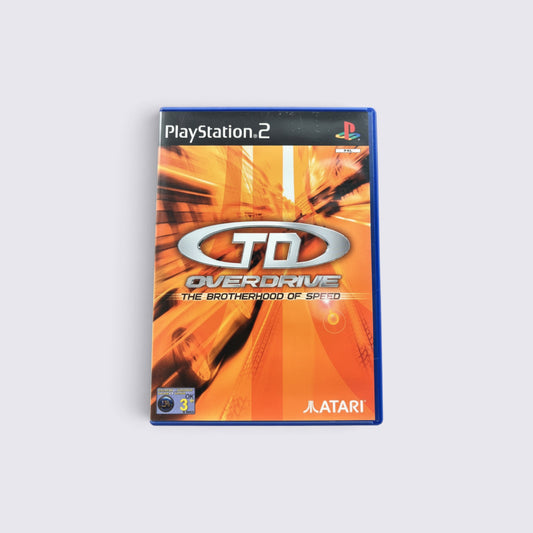 MrPixel TD Overdrive PlayStation 2 racing game case with orange motion blur cover art and Atari branding