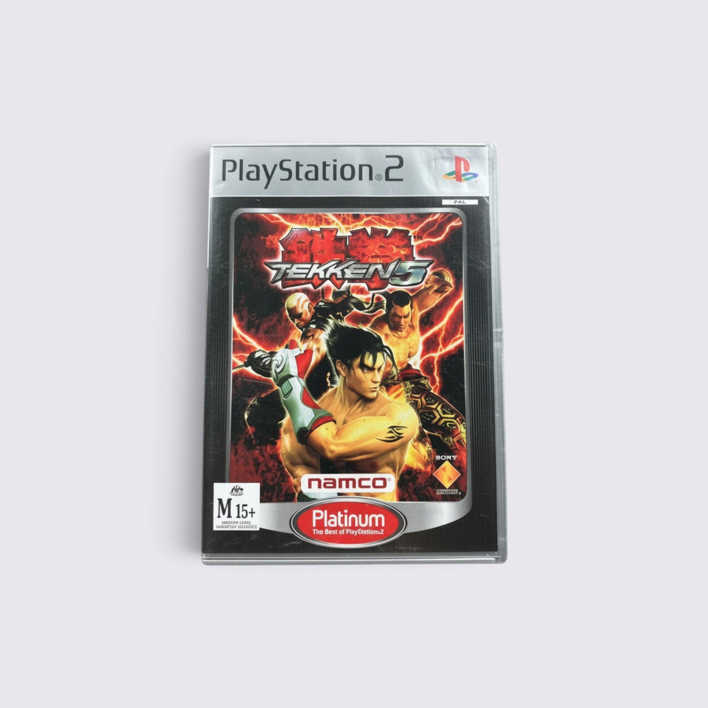 MrPixel Tekken 5 Platinum edition video game case for PlayStation 2 featuring character artwork on a red background.