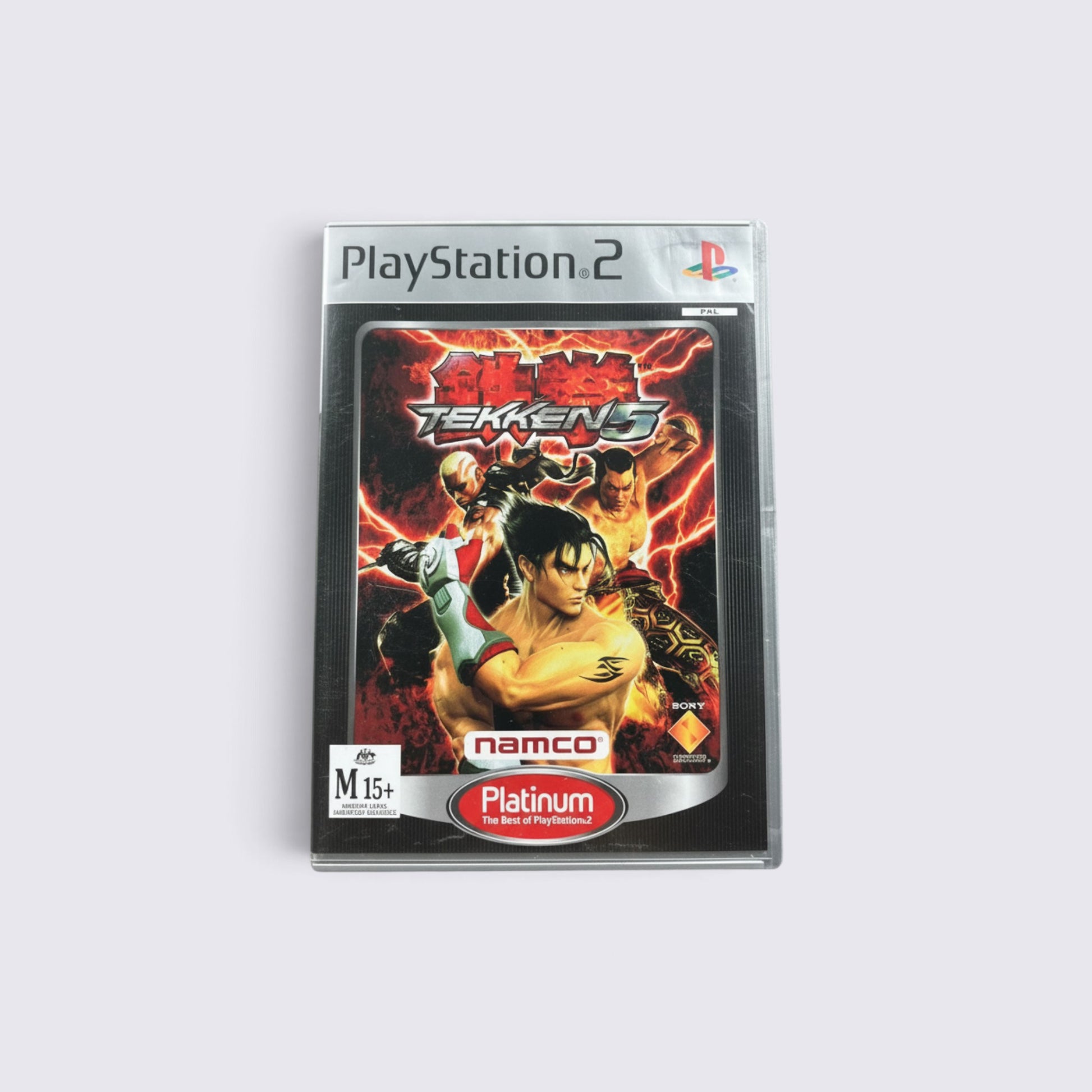 MrPixel Tekken 5 Platinum edition video game case for PlayStation 2 featuring character artwork on a red background.