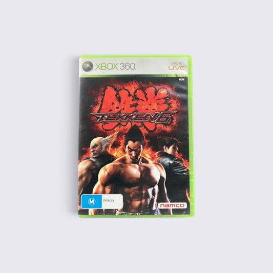 MrPixel Tekken 6 Xbox 360 game case featuring Jin Kazama and Heihachi Mishima on a fiery red and black background.