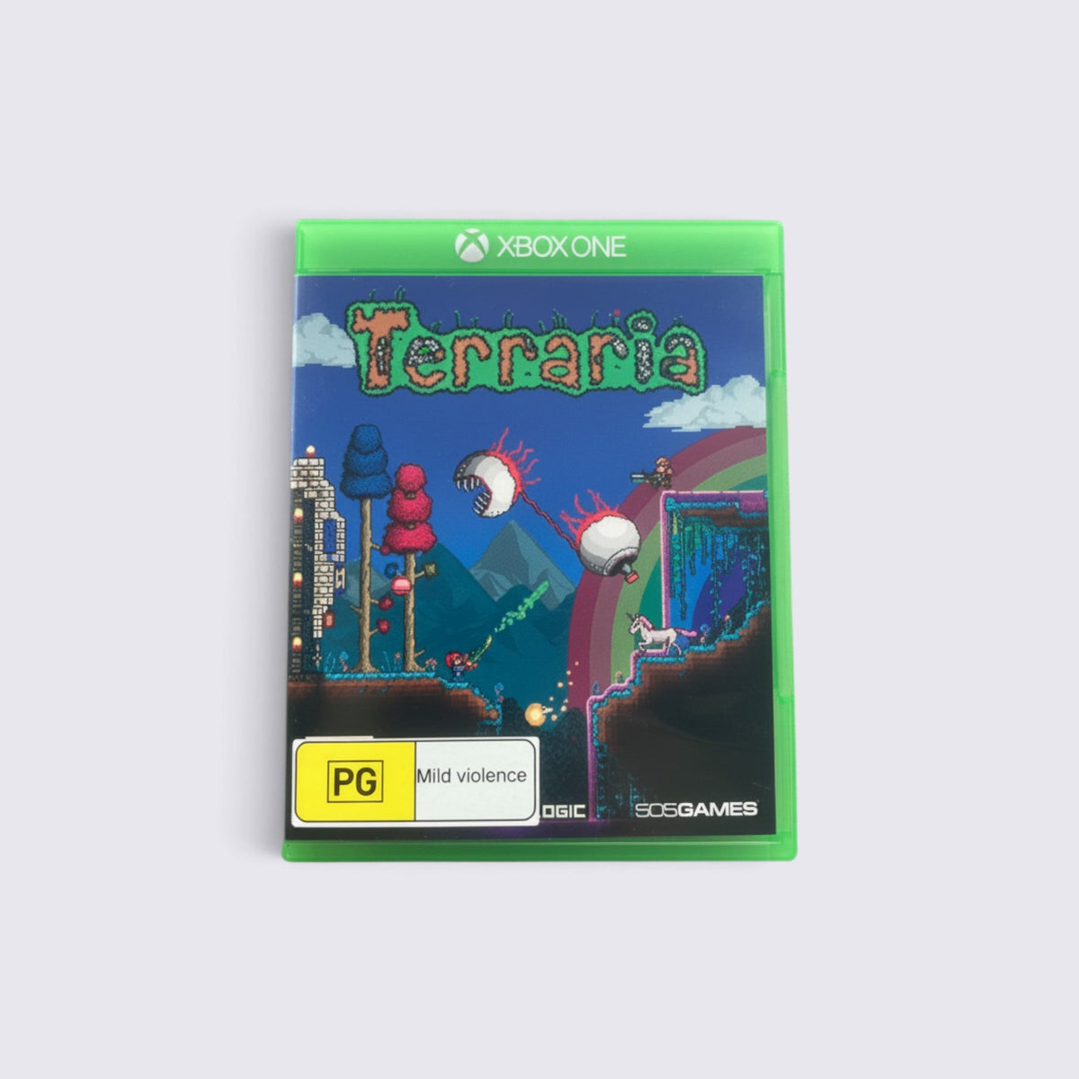 MrPixel Terraria video game for Xbox One featuring pixel art cover art with bosses and a rainbow in a 2D world