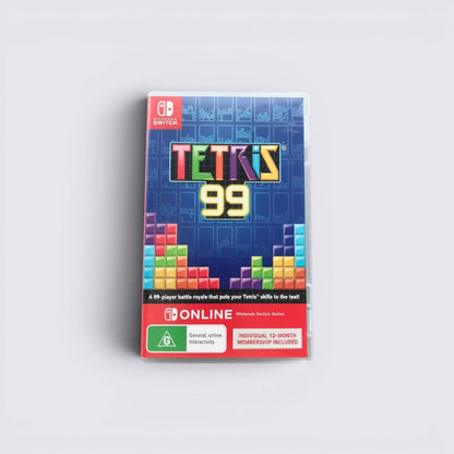 MrPixel Tetris 99 physical game case for Nintendo Switch featuring colourful block graphics and online membership