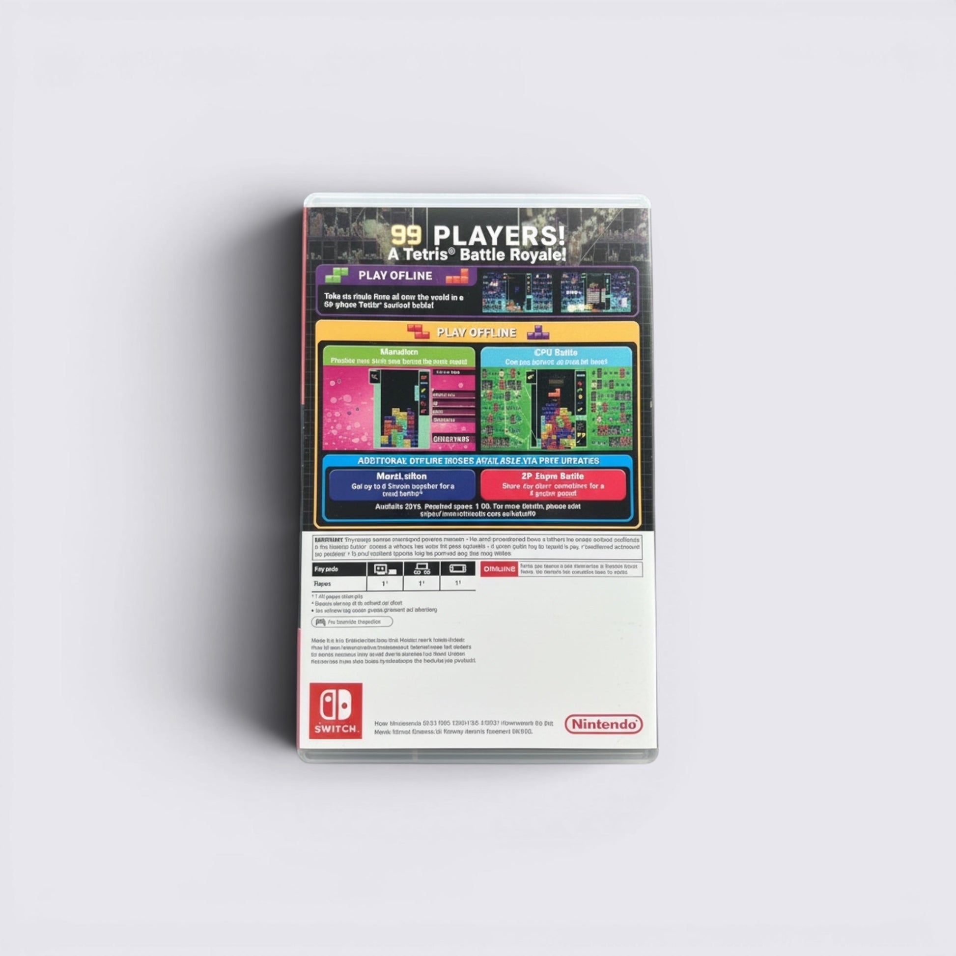 MrPixel Tetris 99 Nintendo Switch game case back cover showing battle royale gameplay features and offline modes