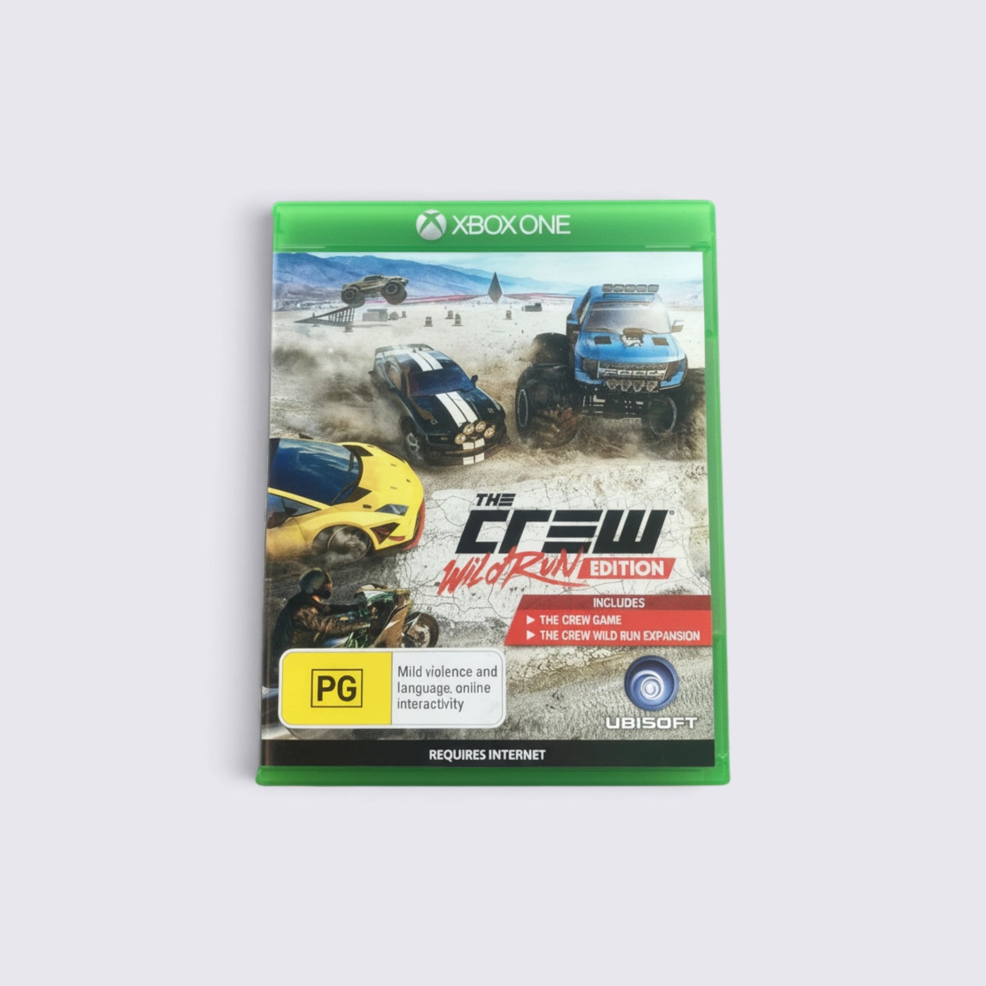 MrPixel The Crew Wild Run Edition Xbox One game case featuring racing cars, motorcycles, and a monster truck.