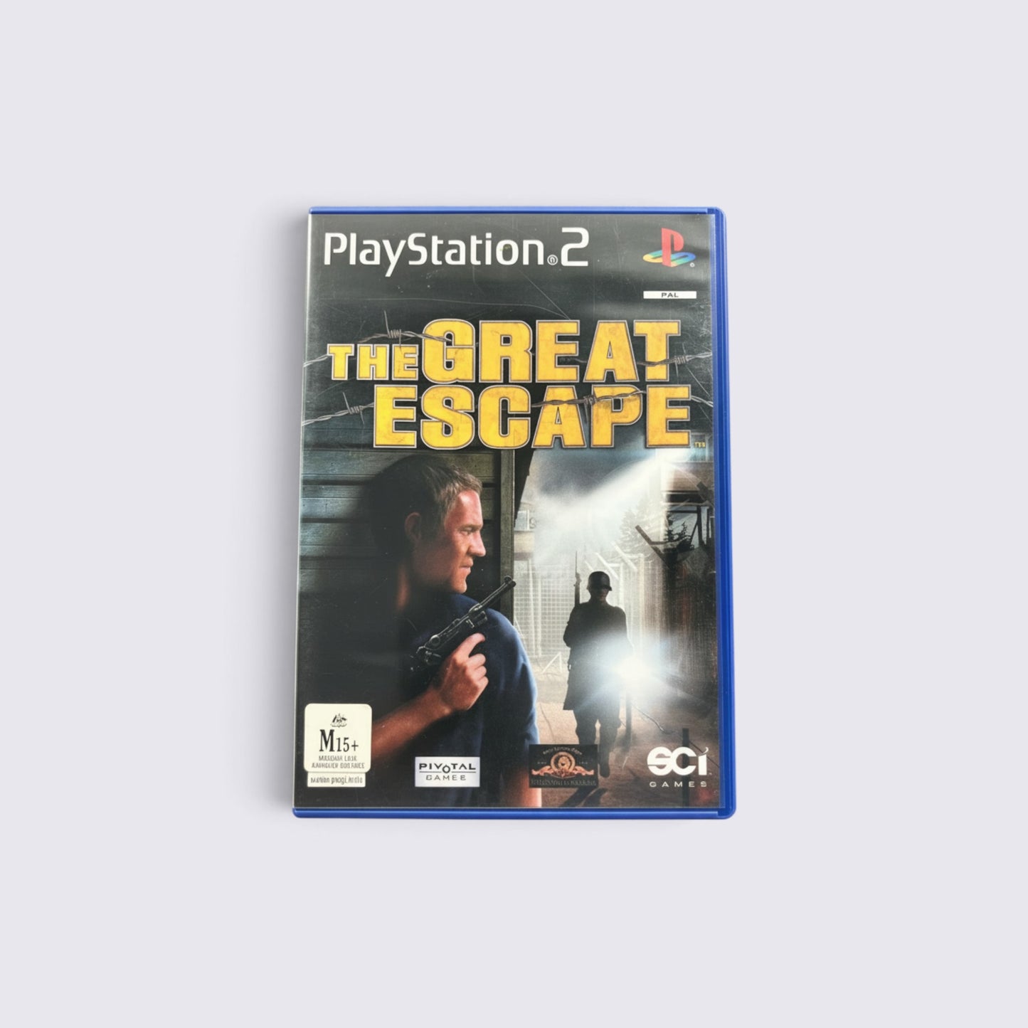MrPixel The Great Escape PS2 game case featuring a soldier with a pistol and a guard in a WWII prison camp setting.
