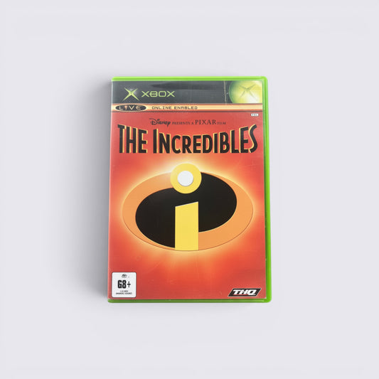 MrPixel The Incredibles Xbox video game case featuring the iconic orange and black logo on a red background
