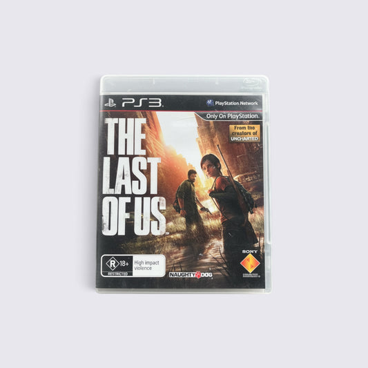 MrPixel The Last of Us PlayStation 3 game case featuring Joel and Ellie in a post-apocalyptic city setting.