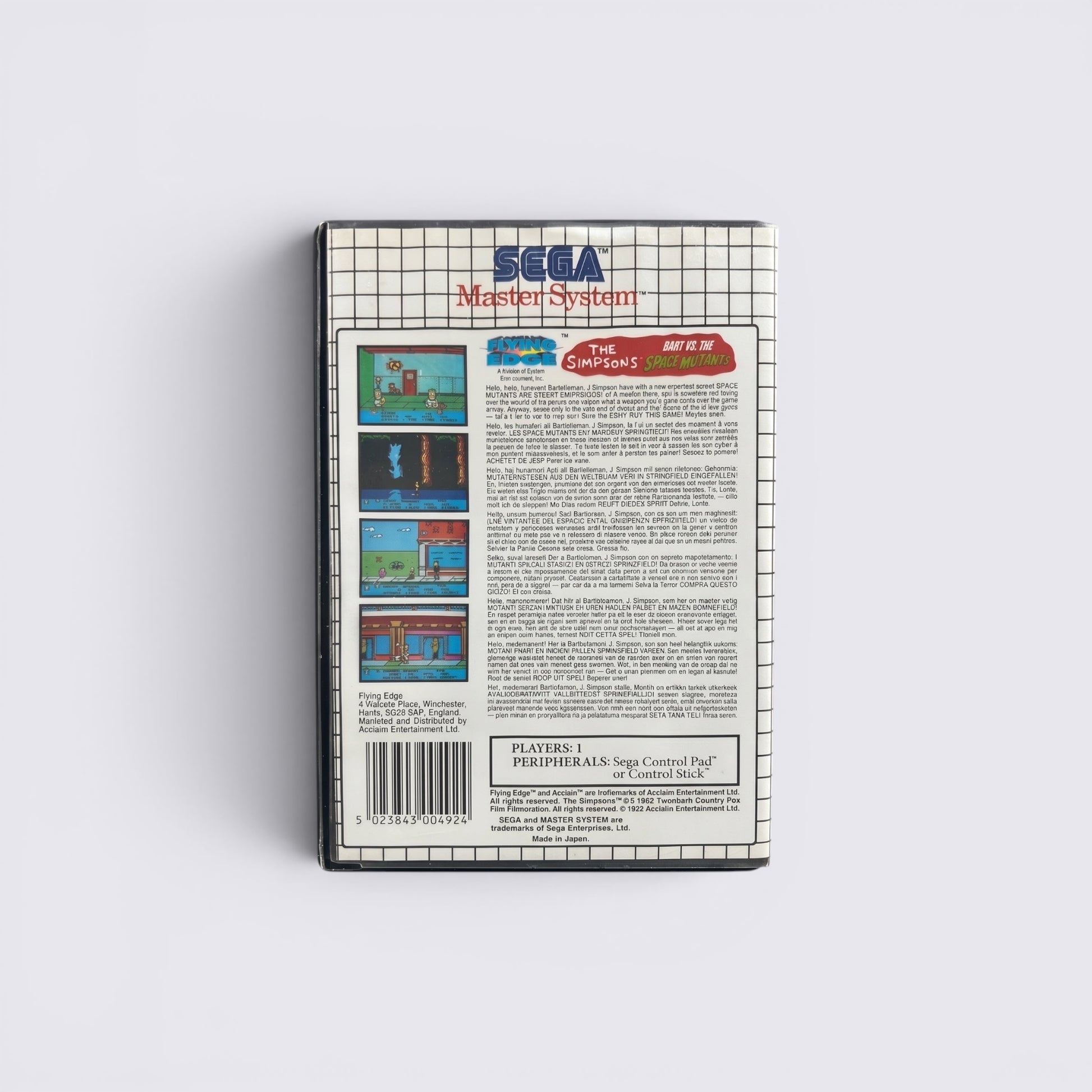 MrPixel The Simpsons Bart vs The Space Mutants SEGA Master System game box back cover with game screenshots and text