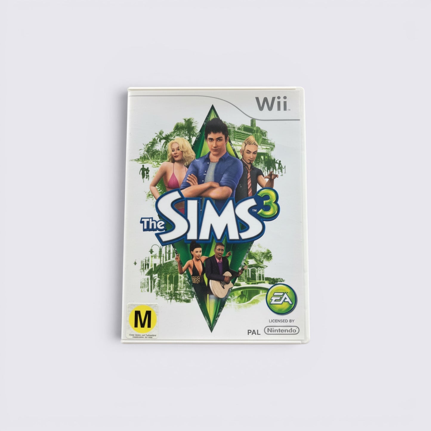 MrPixel The Sims 3 Wii game case featuring character artwork and the iconic green plumbob logo on a white background.